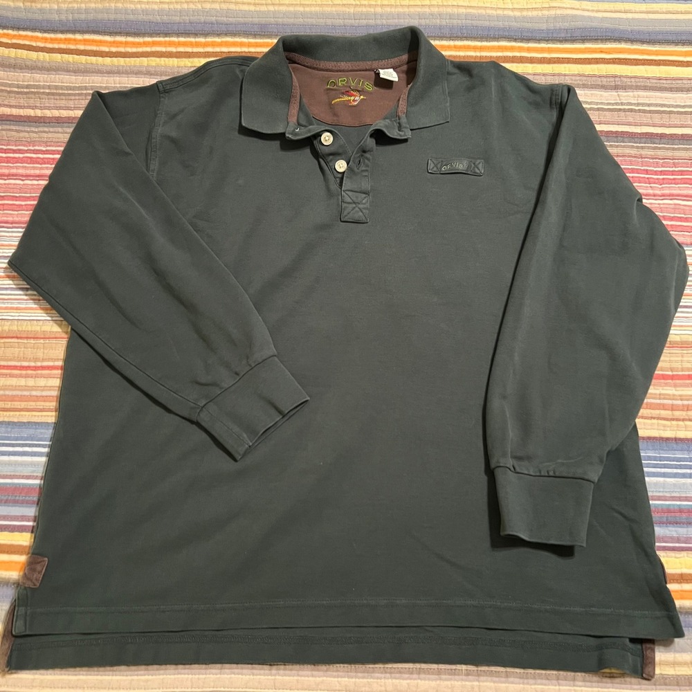 Orvis Mens Long Sleeve Dark Green Cotton Polo Shirt Size XL Embroidered Logo - Picture 1 of 8
